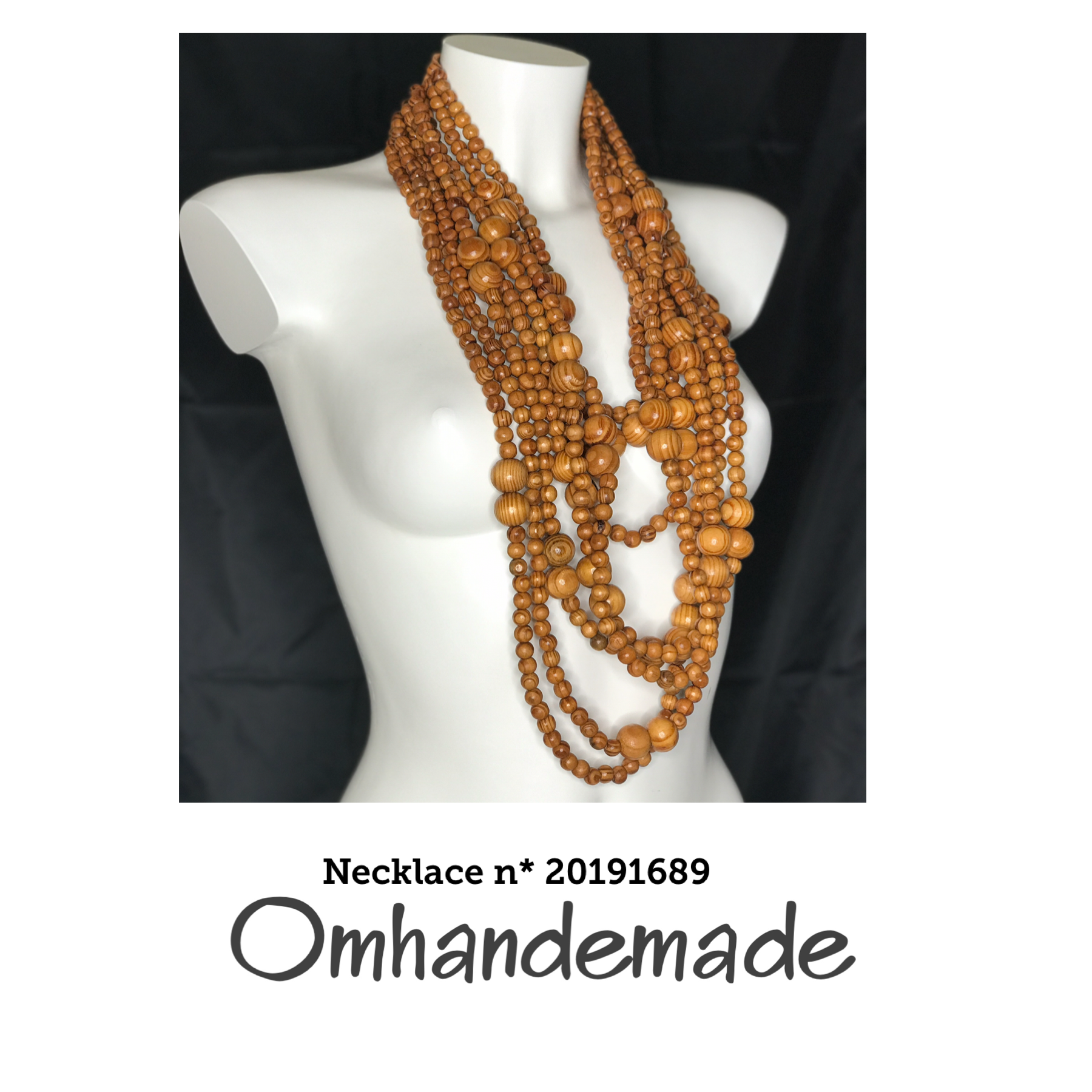 20191689 Collana lunga multifilo boho schic nocciola con elementi in legno e chiusura in pelle - OmhandEmade