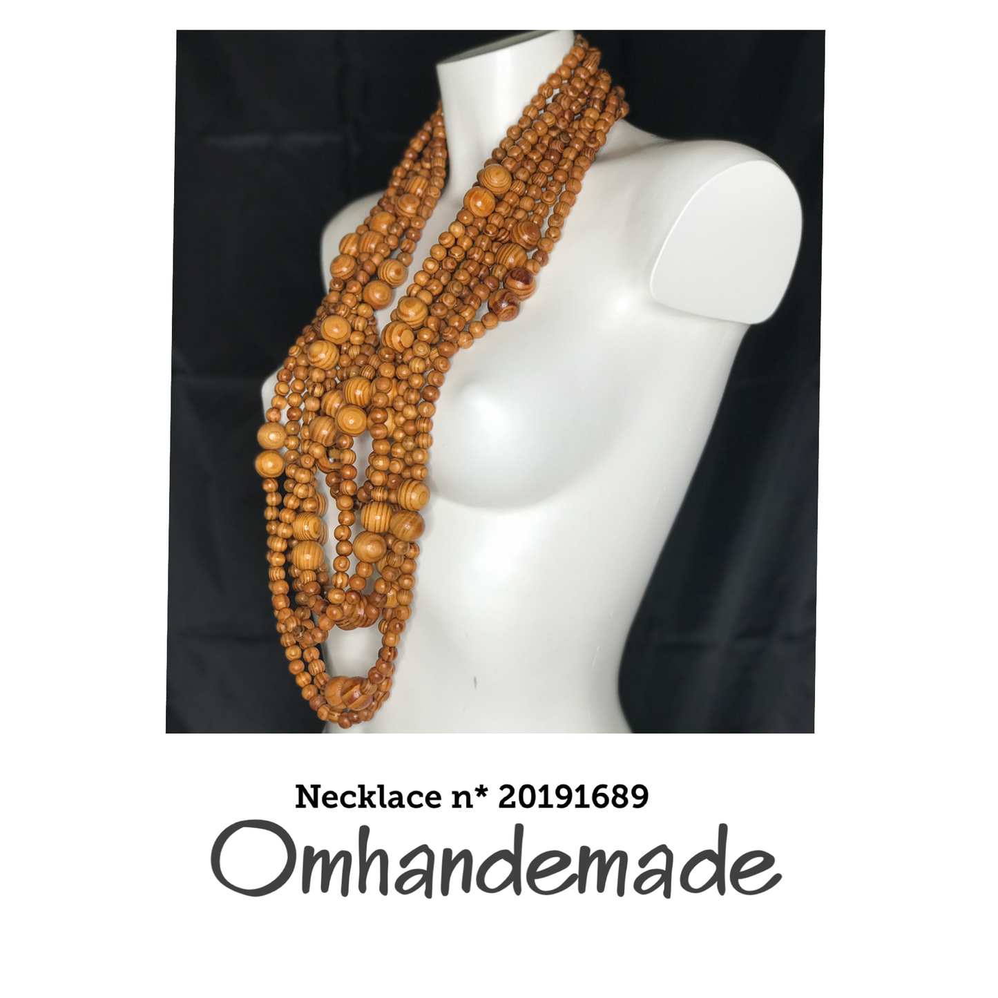 20191689 Collana lunga multifilo boho schic nocciola con elementi in legno e chiusura in pelle - OmhandEmade