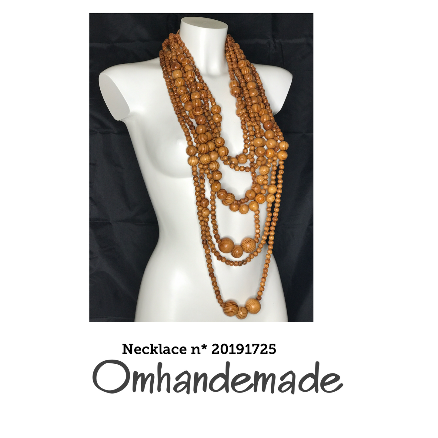 20191689 Collana lunga multifilo boho schic nocciola con elementi in legno e chiusura in pelle - OmhandEmade